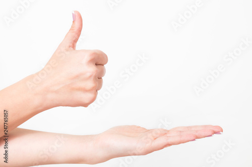 Closeup view of 2 female hands making like gesture. Woman shows thumb up as sign of success or approval. And holding one open palm as if demonstrating something. Horizontal color photography.