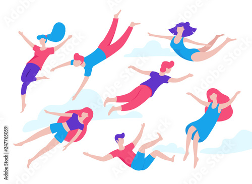 Collection of people flying, dreaming, concept illustration in flat design. Various people, men and women in creative poses isolated on white background. Colorful vector illustration in cartoon style.