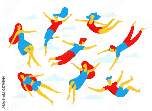 Collection of people flying, dreaming, concept illustration in flat design. Various people, men and women in creative poses isolated on white background. Colorful vector illustration in cartoon style.