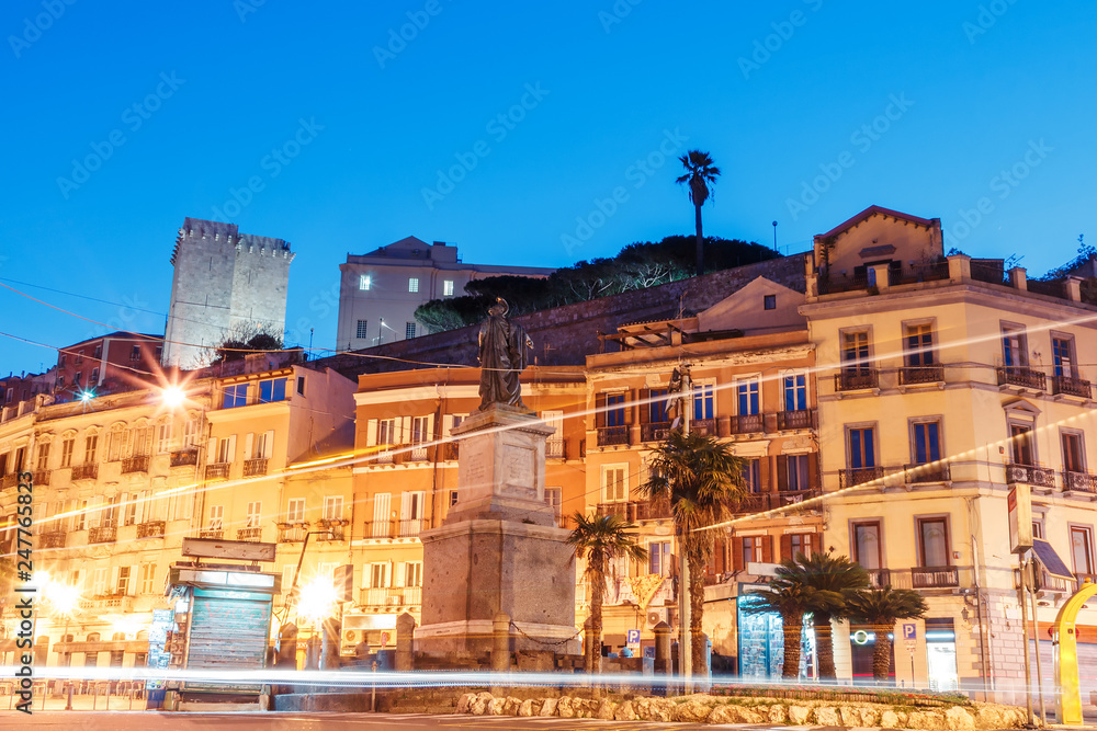 morning streets with lanterns and cafes in Cagliari Italy