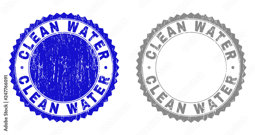 Grunge CLEAN WATER stamp seals isolated on a white background. Rosette seals with distress texture in blue and gray colors. Vector rubber watermark of CLEAN WATER caption inside round rosette.