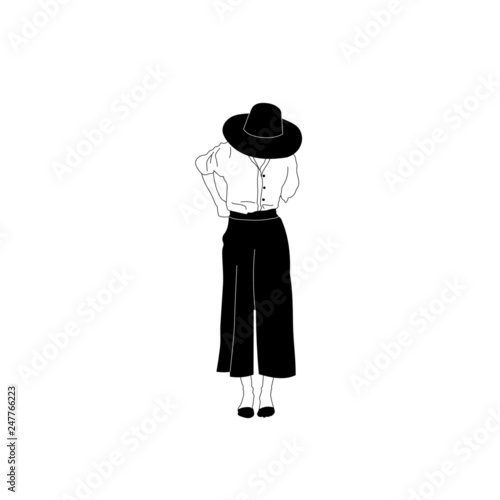 Hand drawn fashion vector illustration of a woman in hat. Monochrome illustration. Young beautiful girl in trendy clothes 