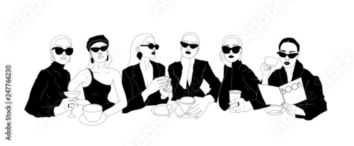 Young pretty woman drinking coffee. Hand drawn fashion vector illustration