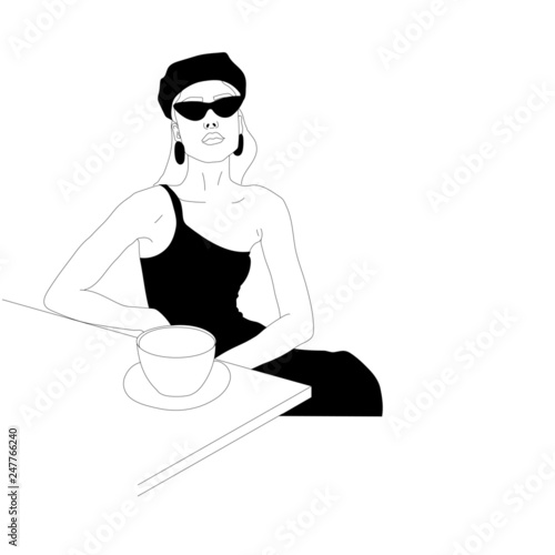 Young pretty fashion woman drinking coffee with sunglasses. Hand drawn vector illustration