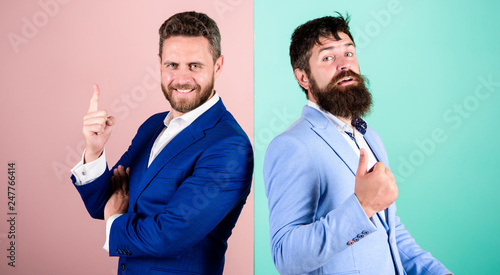 Formal outfit for manager. Business people fashion and formal style. Businessman stylish appearance jacket pink blue background. Business partners with bearded faces. Business fashion luxury menswear