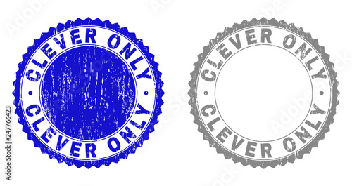 Grunge CLEVER ONLY stamp seals isolated on a white background. Rosette seals with grunge texture in blue and gray colors. Vector rubber stamp imitation of CLEVER ONLY tag inside round rosette.