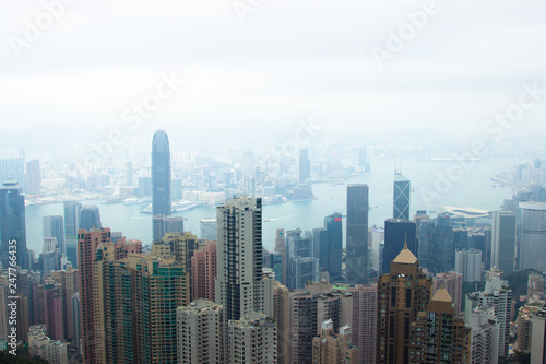 Scenic view Hong Kong city view from Victoria peak. Business building and skyscrapers in Hong Kong in Victoria harbour, China. Aerial view big city.