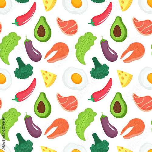 Keto diet seamless pattern. Ketogenic food with organic vegetables, meat and fish. Low carb nutrition. Paleo protein and fat.