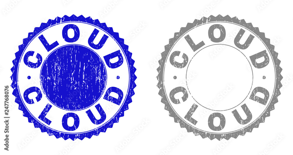 Grunge CLOUD stamp seals isolated on a white background. Rosette seals with grunge texture in blue and gray colors. Vector rubber stamp imitation of CLOUD text inside round rosette. Grunge CLOUD stamp seals isolated on a white background. Rosette seals with grunge texture in blue and gray colors. Vector rubber stamp imitation of CLOUD text inside round rosette.
