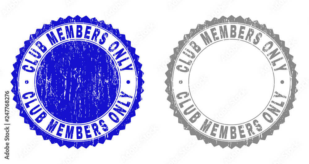Grunge CLUB MEMBERS ONLY stamp seals isolated on a white background. Rosette seals with grunge texture in blue and gray colors.