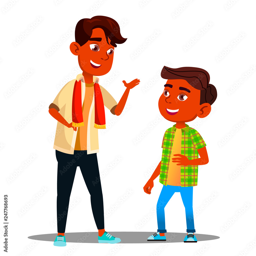 Two Indian Boys Talking To Each Other Vector. Isolated Illustration
