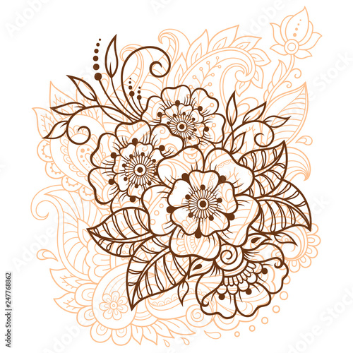 Mehndi flower pattern for Henna drawing and tattoo. Decoration in ethnic oriental, Indian style.