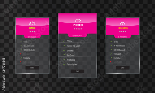 Trendy transparent price list and offer columns with glass effect.