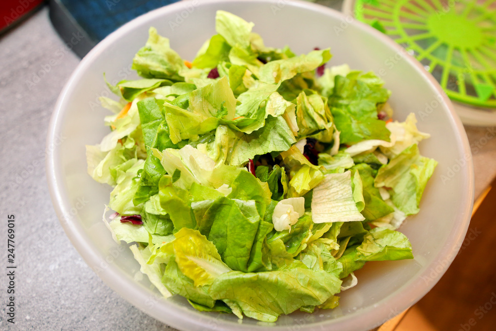 Prepared and sliced fresh green salad in a big gray plastic bowl ready to use and tasting in kitchen, close up. Healthy organic meal, fried mixed vegetables, food cooking, vegetarian concept. Prepared and sliced fresh green salad in a big gray plastic bowl ready to use and tasting in kitchen, close up. Healthy organic meal, fried mixed vegetables, food cooking, vegetarian concept.