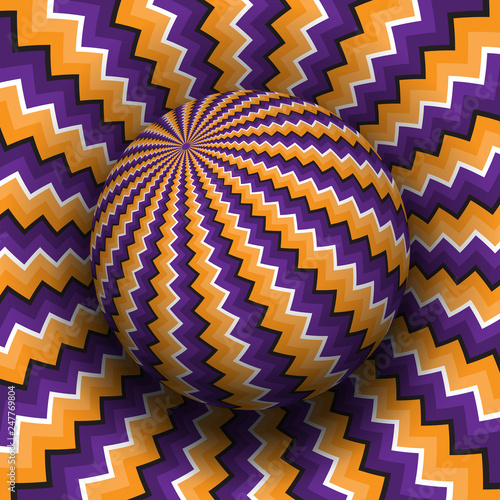 Optical illusion vector illustration. Purple orange zigzag patterned sphere soaring above the same surface.