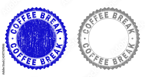 Grunge COFFEE BREAK stamp seals isolated on a white background. Rosette seals with distress texture in blue and grey colors. Vector rubber stamp imprint of COFFEE BREAK title inside round rosette.