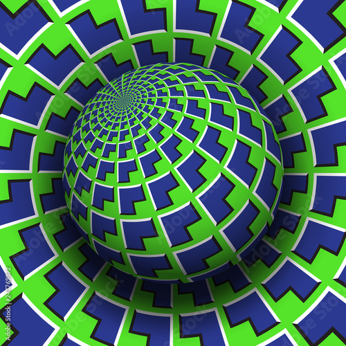 Optical illusion vector illustration. Blue green arrows patterned sphere soaring above the same surface.