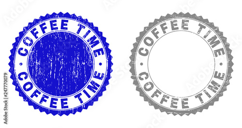 Grunge COFFEE TIME stamp seals isolated on a white background. Rosette seals with grunge texture in blue and gray colors. Vector rubber stamp imitation of COFFEE TIME tag inside round rosette.