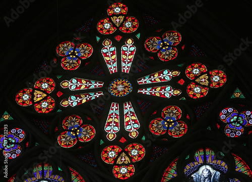 Stained glass in Votiv Kirche (The Votive Church) in Vienna, Austria 