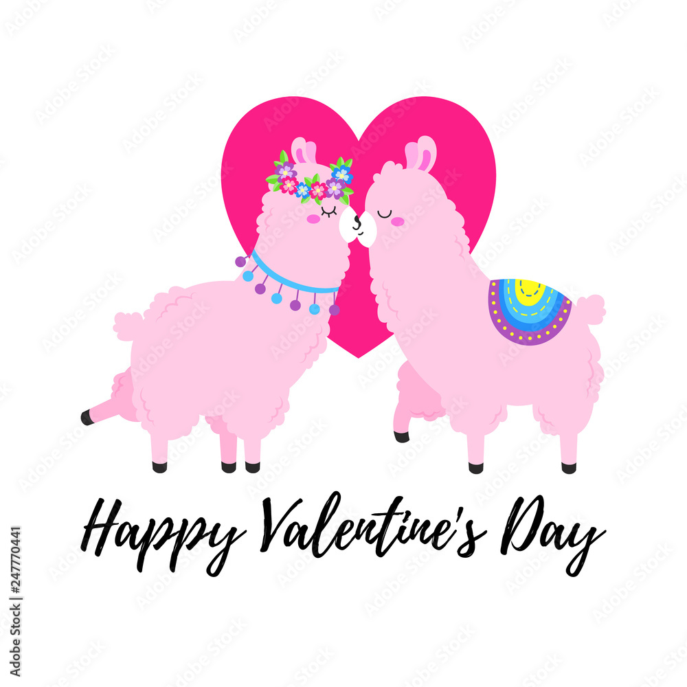 Fototapeta premium Vector cartoon card. Sweet llama. Doodle illustration. Template, background for print, design. Romantic greetings Happy Valentine s Day