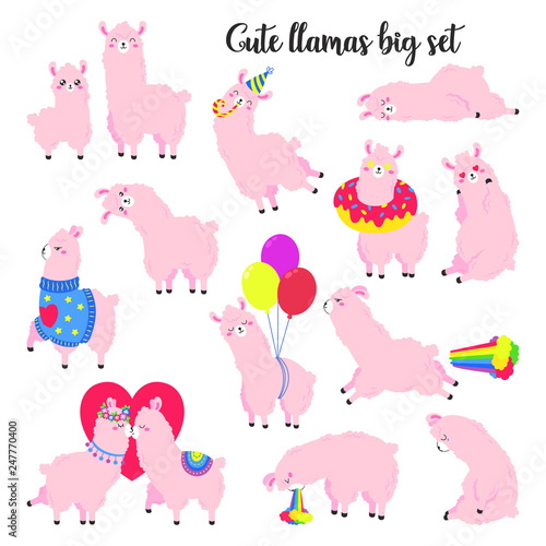 Collection of cute vector llamas. Set of stickers, patches. Doodle illustration. Template for cards, textiles, advertising, web design.