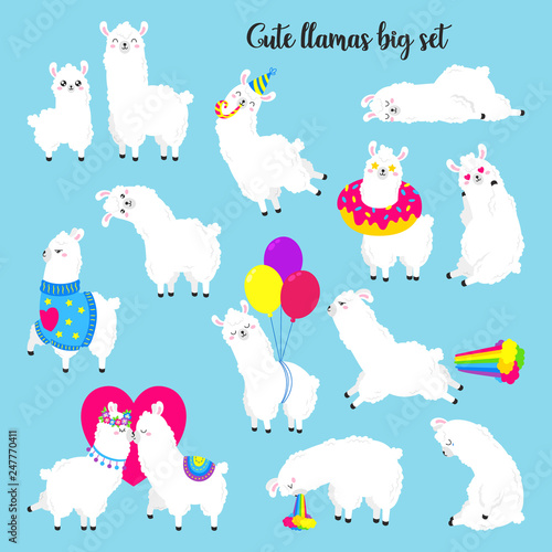 Collection of cute vector llamas. Set of stickers, patches. Doodle illustration. Template for cards, textiles, advertising, web design.