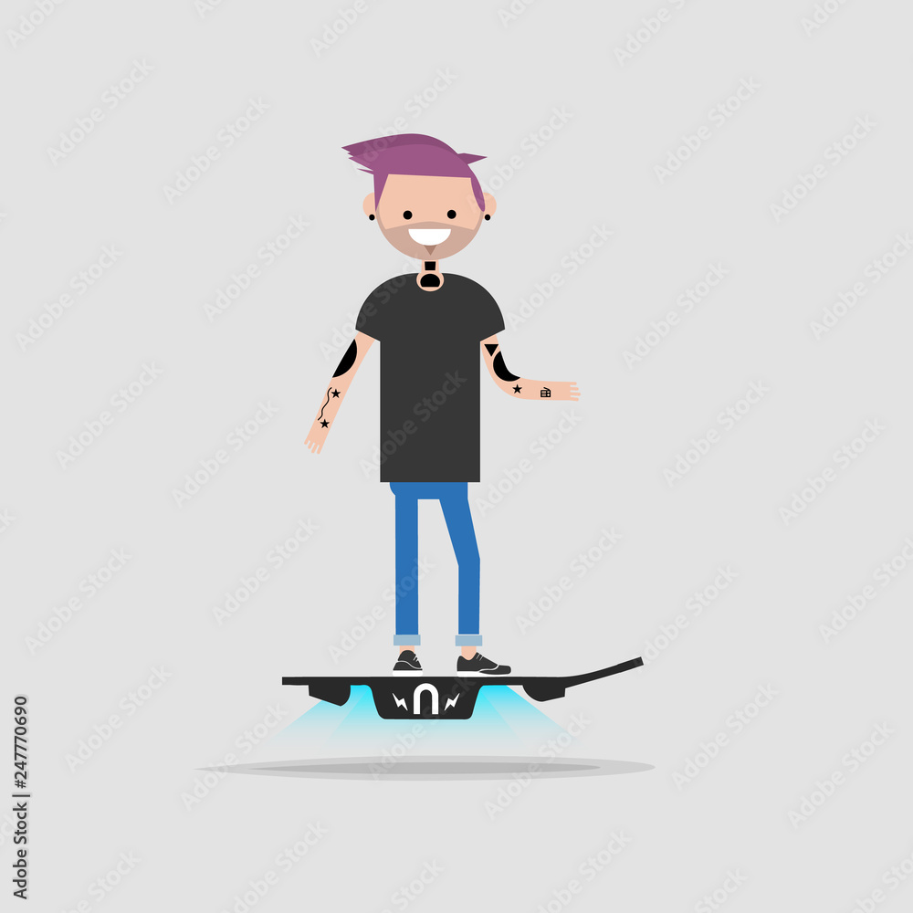 Young haracter rides on flying skateboard.flat cartoon design