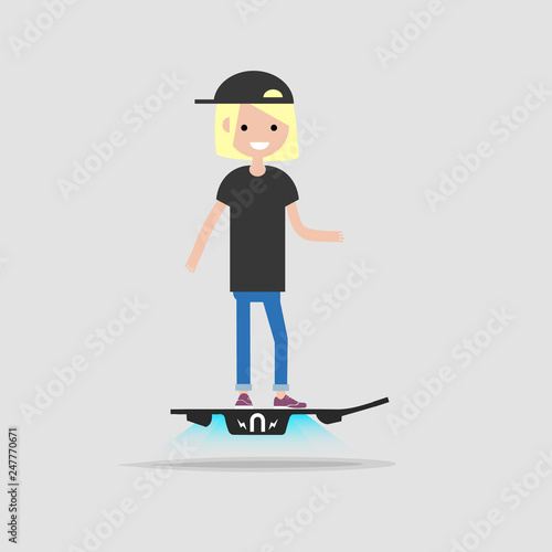 Young haracter rides on flying skateboard.flat cartoon design