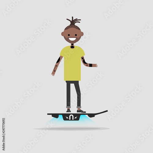 Young haracter rides on flying skateboard.flat cartoon design
