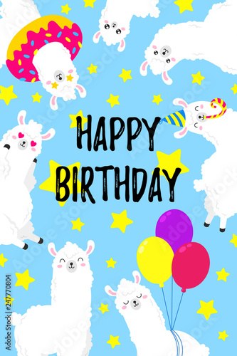 Birthday vector cartoon greeting card design. Doodle illustration. Template, background for print, design. Funny poster with funny lamas. Happy birthday party