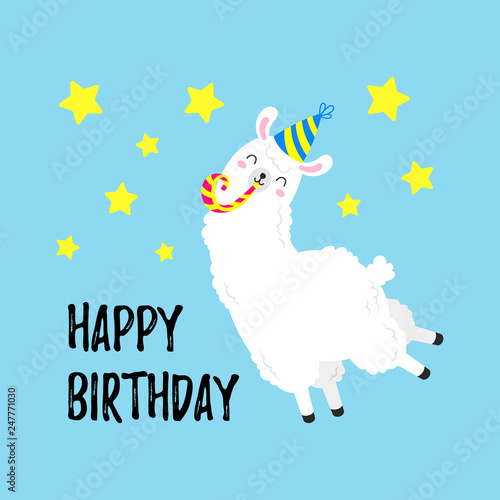 Birthday vector cartoon greeting card design. Doodle illustration. Template, background for print, design. Funny poster with funny lamas. Happy birthday party