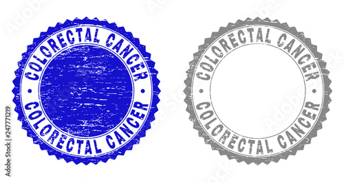 Grunge COLORECTAL CANCER stamp seals isolated on a white background. Rosette seals with grunge texture in blue and grey colors. Vector rubber overlay of COLORECTAL CANCER text inside round rosette.