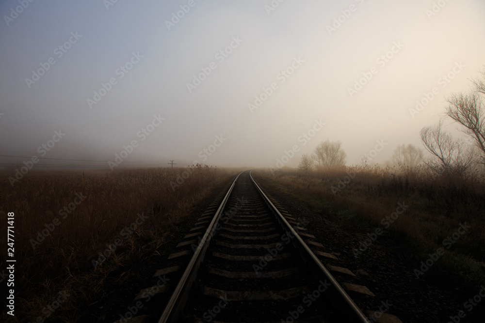 train tracks in fog