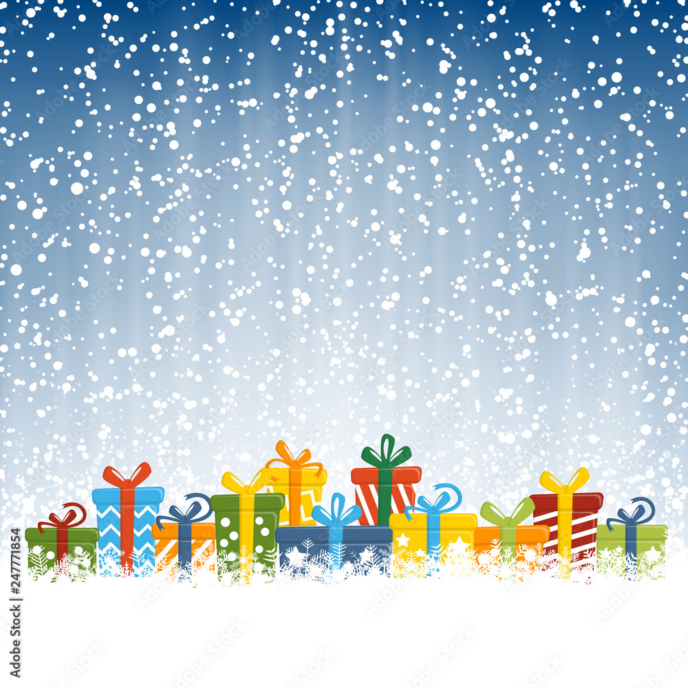 christmas presents in front of snow fall christmas presents in front of snow fall