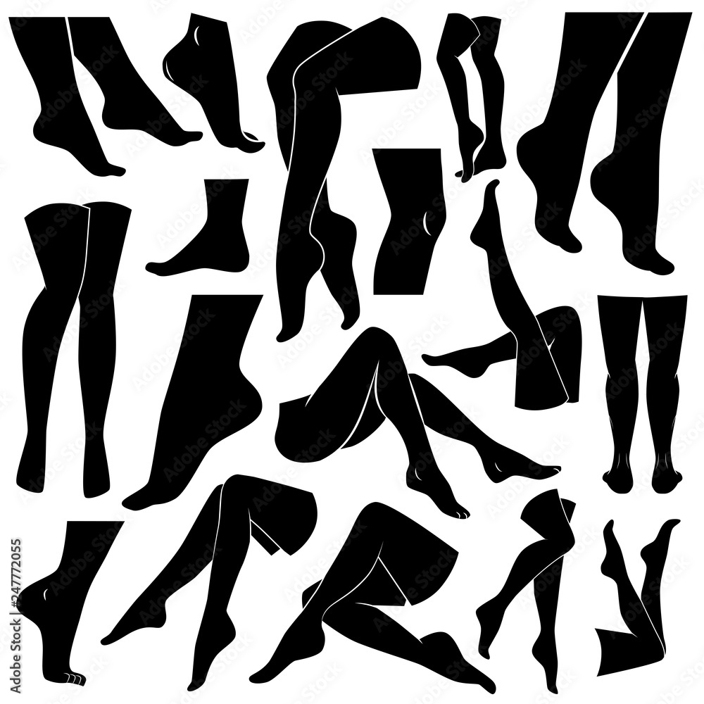 Legs and feet of woman. Vector icon set. 
