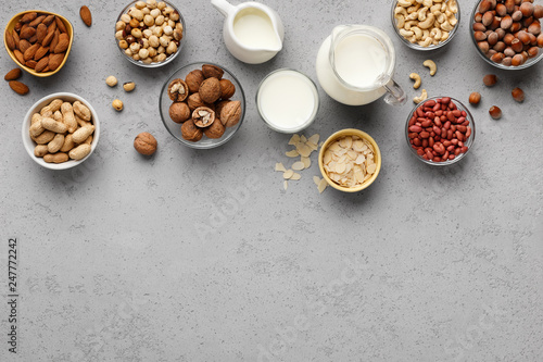 Vegan alternative nut milk concept top view  copy space
