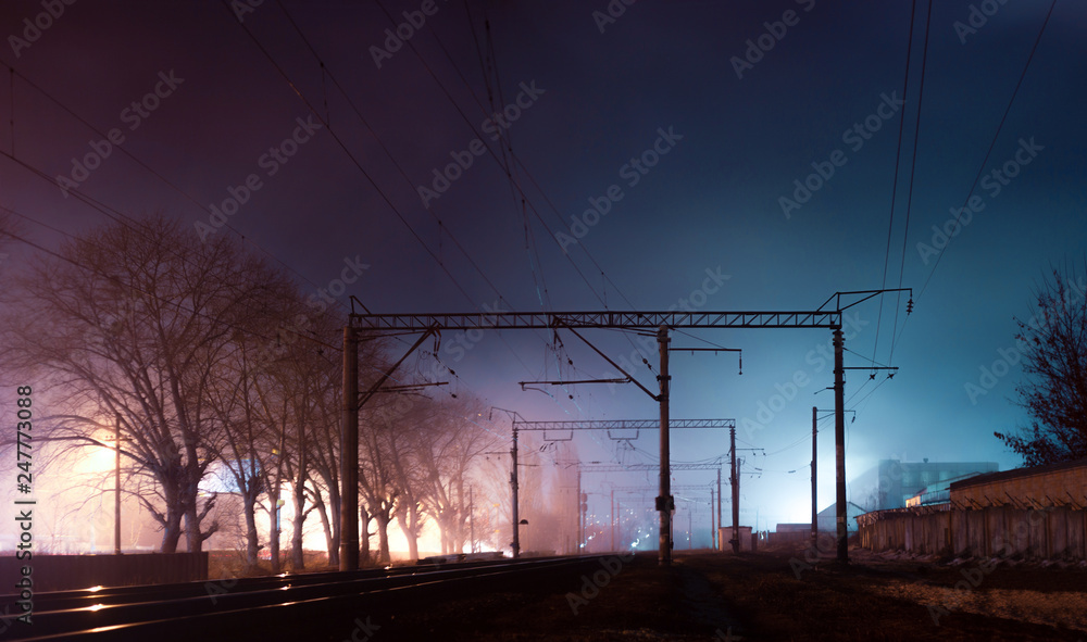 night landscape on the railroad