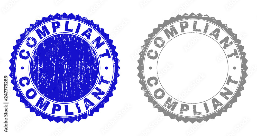 Obraz premium Grunge COMPLIANT stamp seals isolated on a white background. Rosette seals with distress texture in blue and grey colors. Vector rubber stamp imprint of COMPLIANT caption inside round rosette.