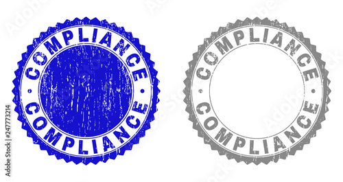 Grunge COMPLIANCE stamp seals isolated on a white background. Rosette seals with grunge texture in blue and grey colors. Vector rubber stamp imitation of COMPLIANCE caption inside round rosette.