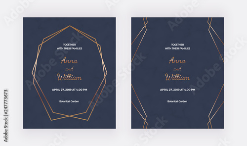 Blue wedding invatation cards with golden polygonal frame and geometric lines. Trendy templates for banner, flyer, poster, save the date, greeting photo