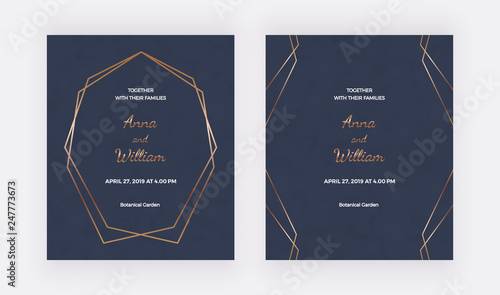 Blue wedding invatation cards with golden polygonal frame and geometric lines. Trendy templates for banner, flyer, poster, save the date, greeting