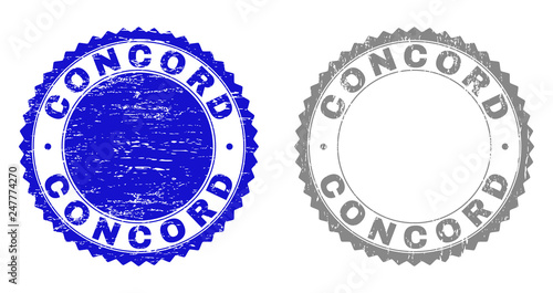 Grunge CONCORD stamp seals isolated on a white background. Rosette seals with grunge texture in blue and gray colors. Vector rubber stamp imprint of CONCORD tag inside round rosette.