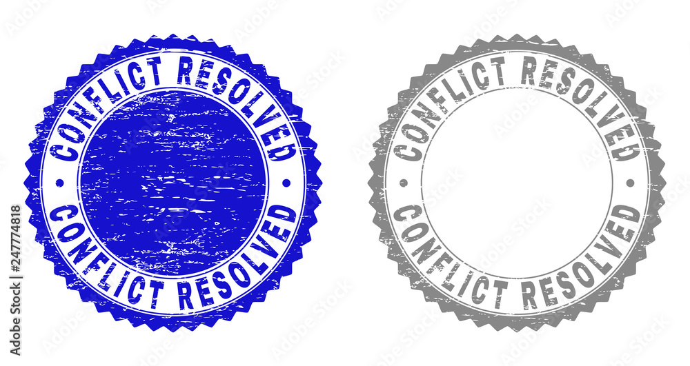 Obraz premium Grunge CONFLICT RESOLVED stamp seals isolated on a white background. Rosette seals with grunge texture in blue and gray colors.