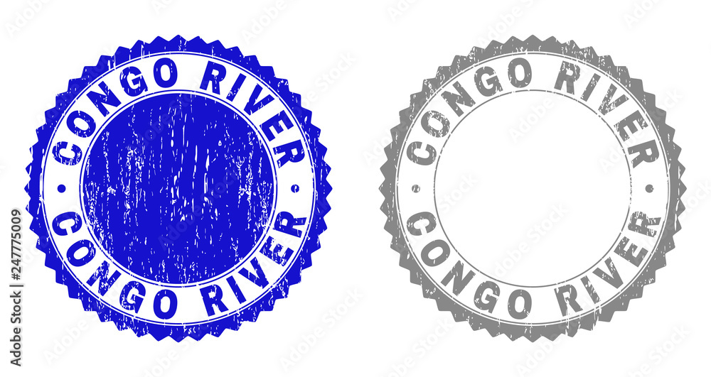 Obraz premium Grunge CONGO RIVER stamp seals isolated on a white background. Rosette seals with distress texture in blue and grey colors. Vector rubber stamp imprint of CONGO RIVER text inside round rosette.
