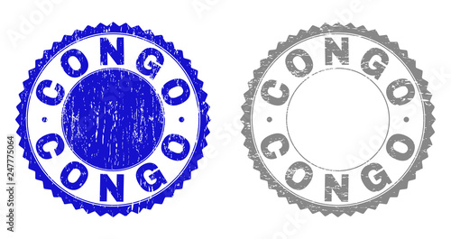 Grunge CONGO stamps isolated on a white background. Rosette seals with grunge texture in blue and gray colors. Vector rubber stamp imitation of CONGO title inside round rosette.