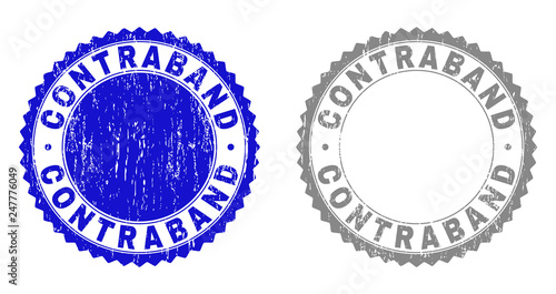 Grunge CONTRABAND stamp seals isolated on a white background. Rosette seals with grunge texture in blue and gray colors. Vector rubber stamp imprint of CONTRABAND label inside round rosette.