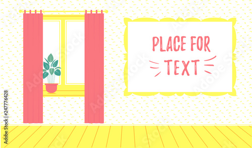 Banner template for hotel or apartments. Room inside. Window with curtains and flower pot on the windowsill.