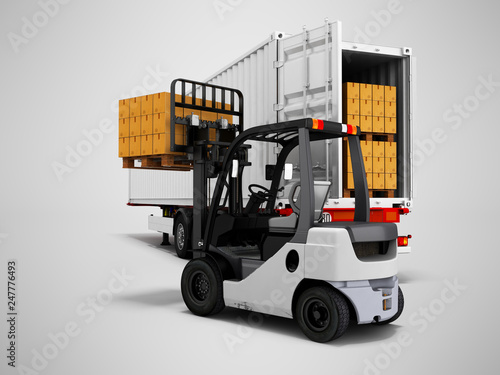 Unloading goods from trailer with forklift 3d render on gray background with shadow