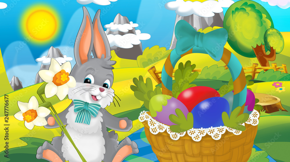Obraz premium cartoon happy easter rabbit with basket full of eggs with beautiful flowers on nature spring background - illustration for children