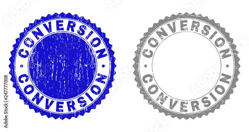 Grunge CONVERSION stamp seals isolated on a white background. Rosette seals with grunge texture in blue and gray colors. Vector rubber stamp imitation of CONVERSION text inside round rosette.